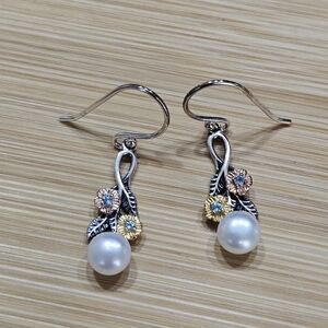 PZ Israel 925 Silver with Blue Topaz and Freshwater Pearls Drop Earrings